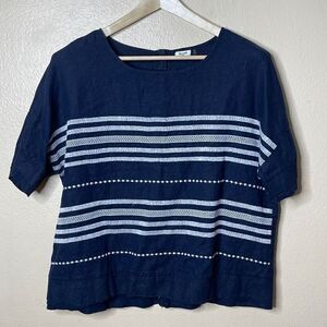 Symple NYC Shirt Womens Large Navy Blue Linen Boxy Short Sleeve Tunic Buttons